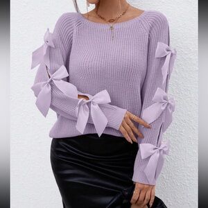 Cozy Bow Detail Pullover knit Sweater Long Sleeve Purple